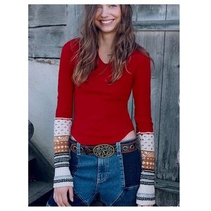 Free People Cozy Craft Cuff Top Red Combo Size XS  S NWT